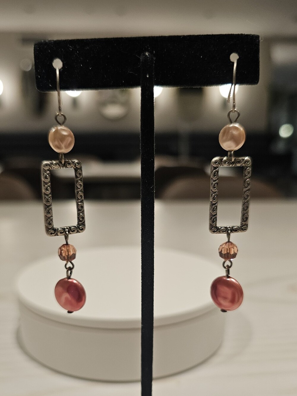 Pink Faux Pearl Geometric Boho Statement Dangle Earrings